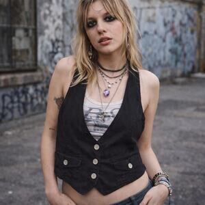 Indie Sleaze Black Cropped Deep V Vest Hipster Grunge Y2K Vibe Sz Medium